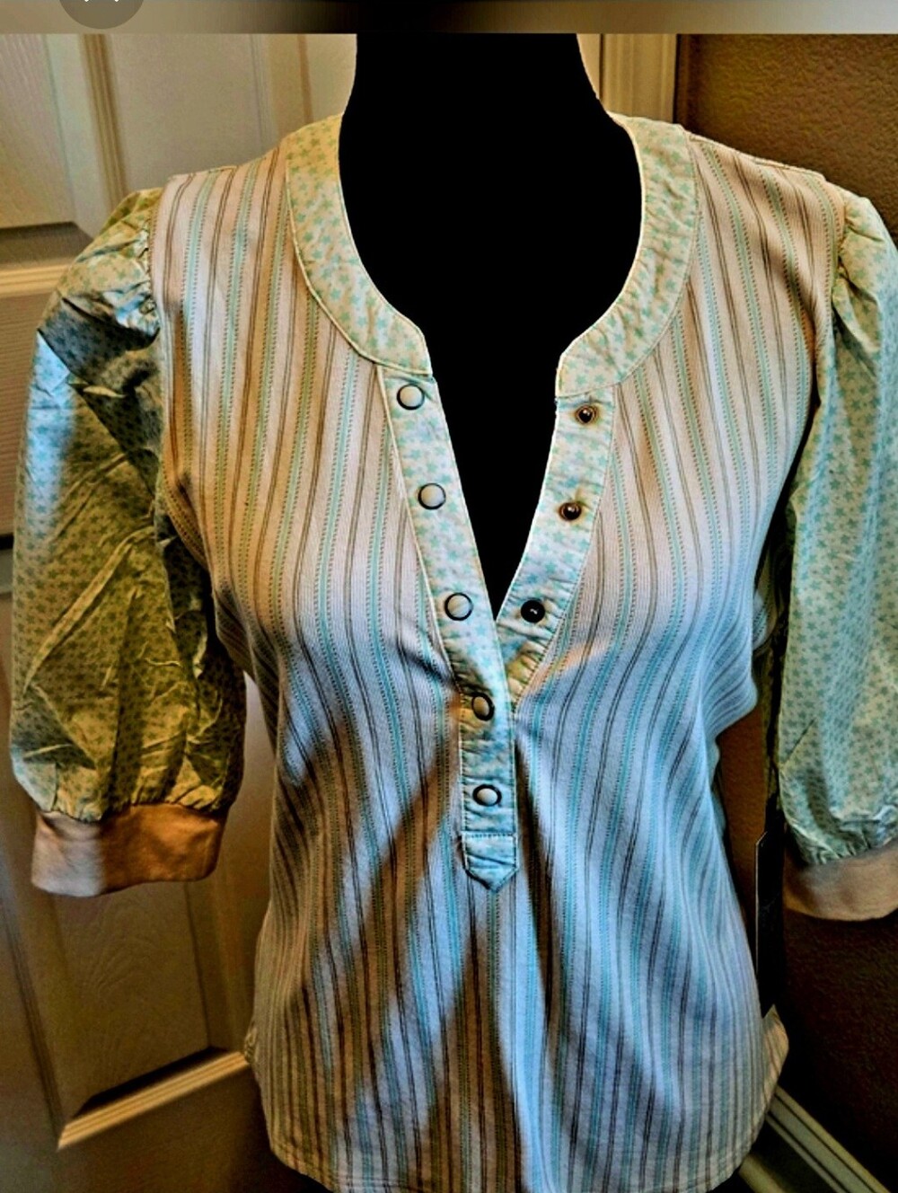 Double D Ranch Cream & Mint Green Striped Popover Blouse with Puff Sleeves